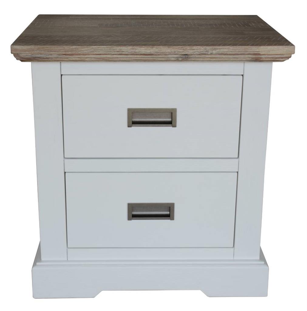 "Brampton" Hamptons Style Timber Bedside Table 2 Drawer White & Timber, 58cmL x 45cmD x 60cmH (RRP $549)