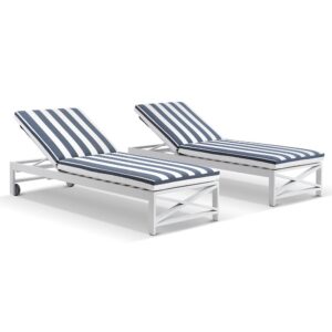 wp-image-tigress-42444.jpg "Montego Bay" Hamptons Style Aluminium Set of 2 Sun Lounges White Navy & White Cushions with wheels (RRP $3499)