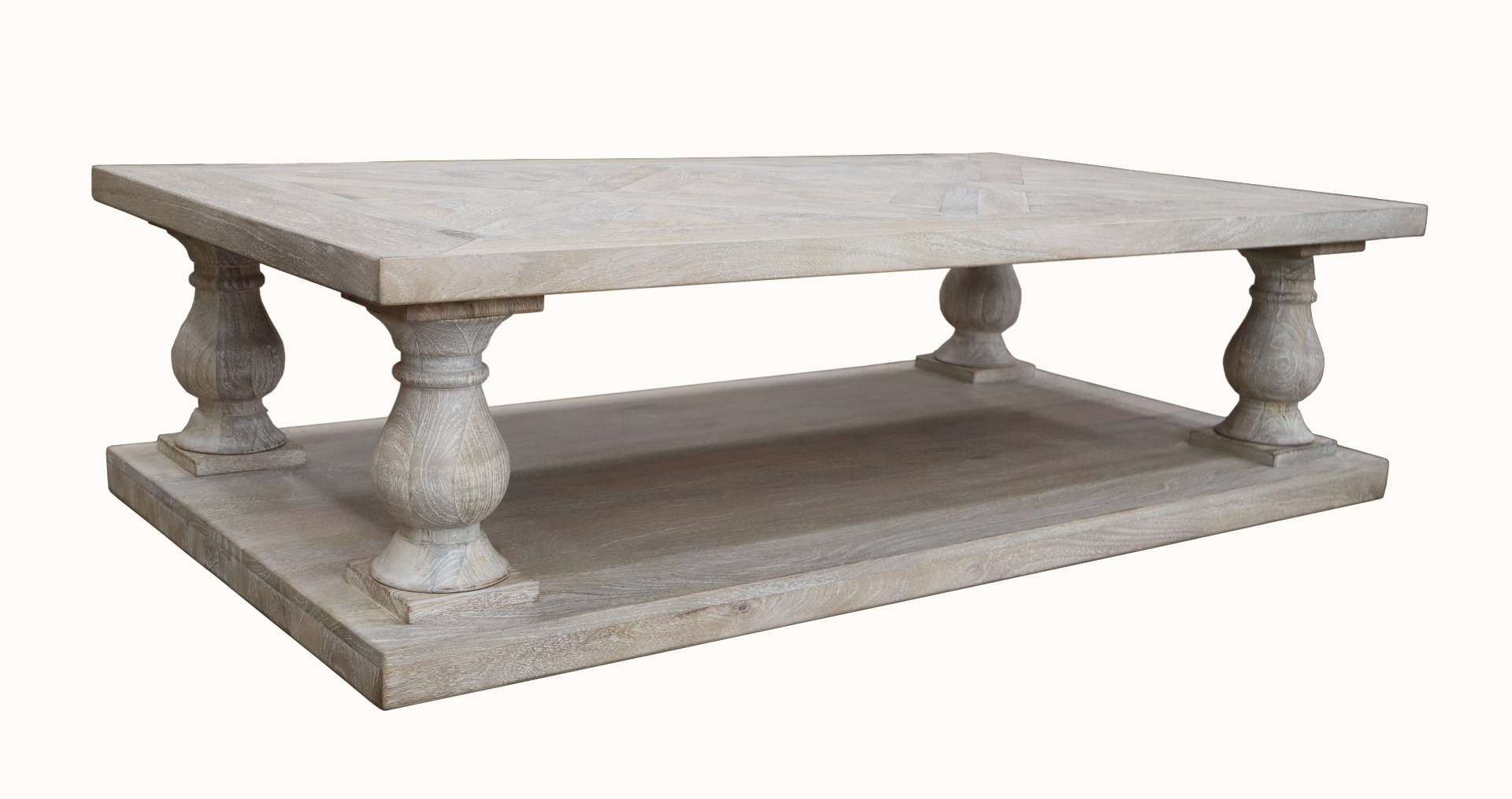 "Whitsunday" Hamptons Style Hardwood Timber Parquetry Coffee Table with Pedestal Base, Beachwhite Finish, 150x80x40cm (RRP $2499)