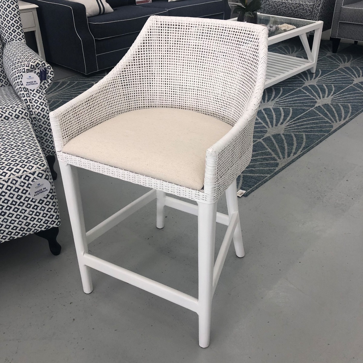 "Coral Bay" Hampton Style Rattan Kitchen Counter Bar Stool Vivid White (RRP $529)