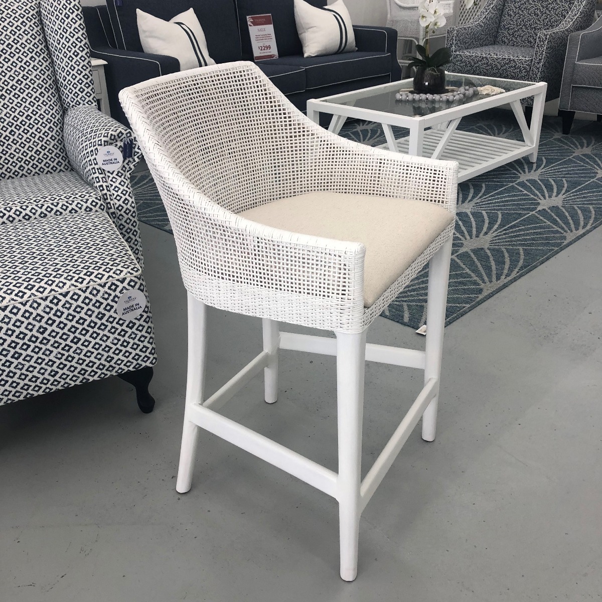 "Coral Bay" Hampton Style Rattan Kitchen Counter Bar Stool Vivid White (RRP $529) - Image 2