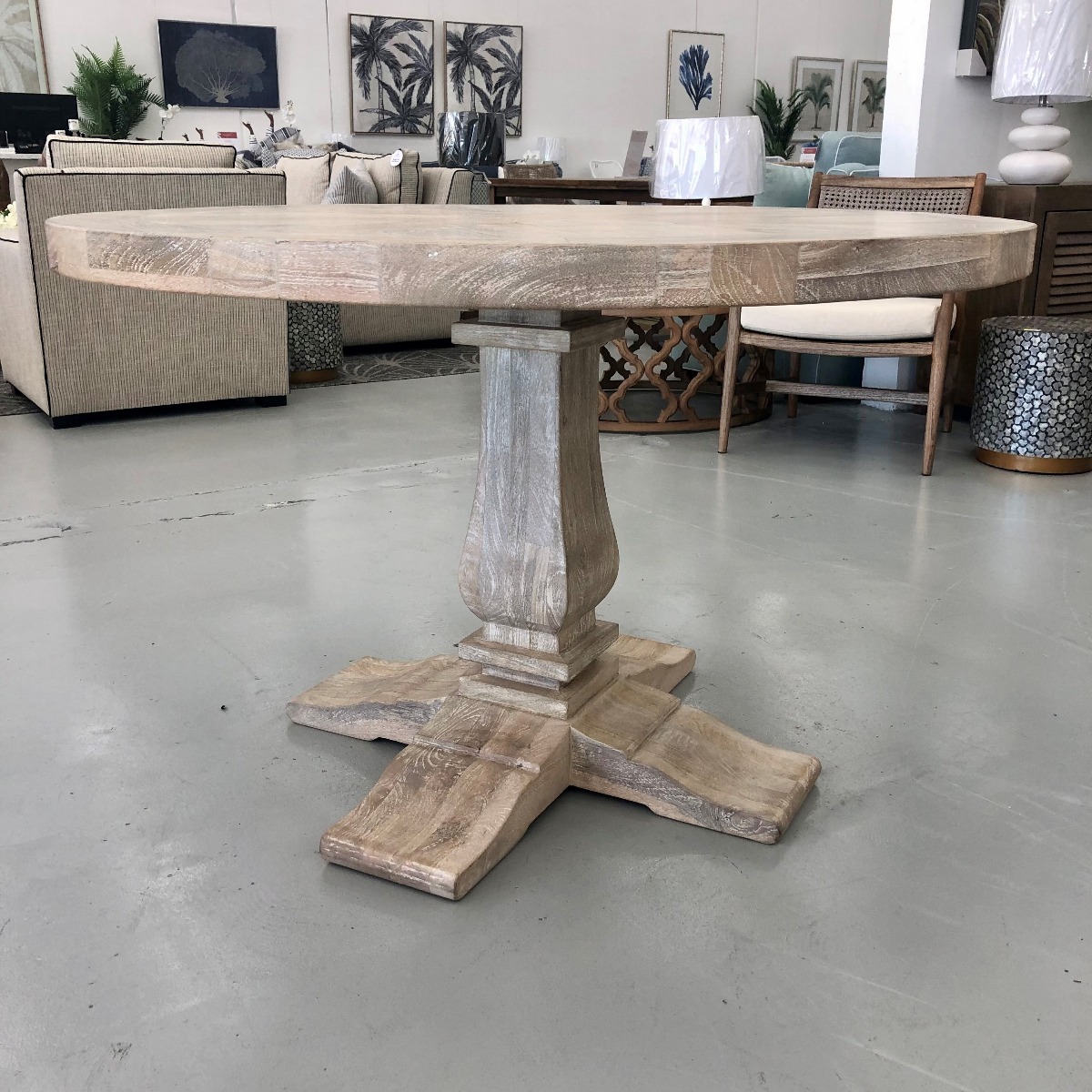 "Whitsunday" Hamptons Style Parquetry Hardwood Timber 120cm Round Dining Table, Beachwhite Finish (RRP $1999) - Image 3