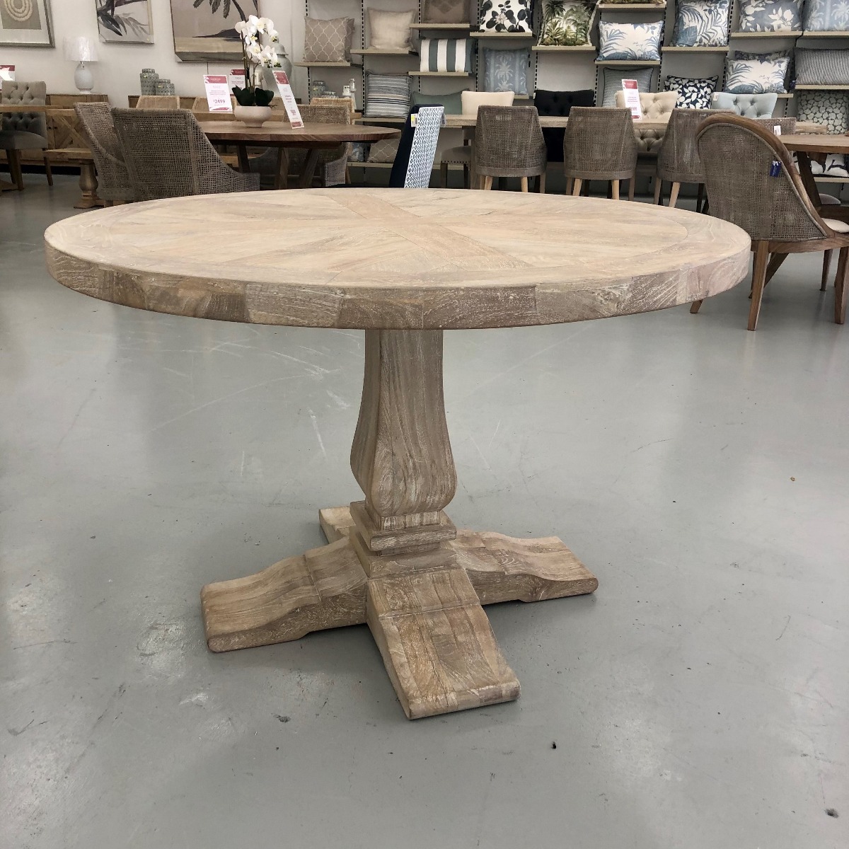 "Whitsunday" Hamptons Style Parquetry Hardwood Timber 120cm Round Dining Table, Beachwhite Finish (RRP $1999) - Image 2