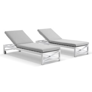 wp-image-tigress-42618.jpg "Montego Bay" Hamptons Style Aluminium Set of 2 Sun Lounges in White with Olefin Grey Cushions with wheels (RRP $3499)