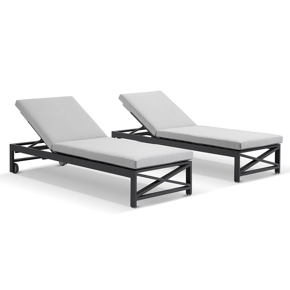 "Montego Bay" Hamptons Style Aluminium Set of 2 Sun Lounges in Charcoal with Olefin Grey Cushions with wheels (RRP $3499)