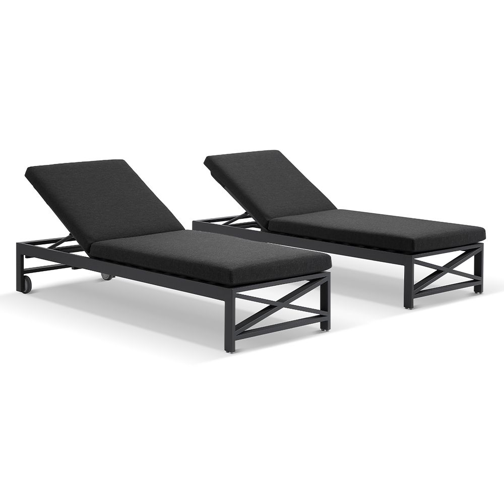 "Montego Bay" Hamptons Style Aluminium Set of 2 Sun Lounges in Charcoal with Dark Grey Cushions with wheels (RRP $3499)