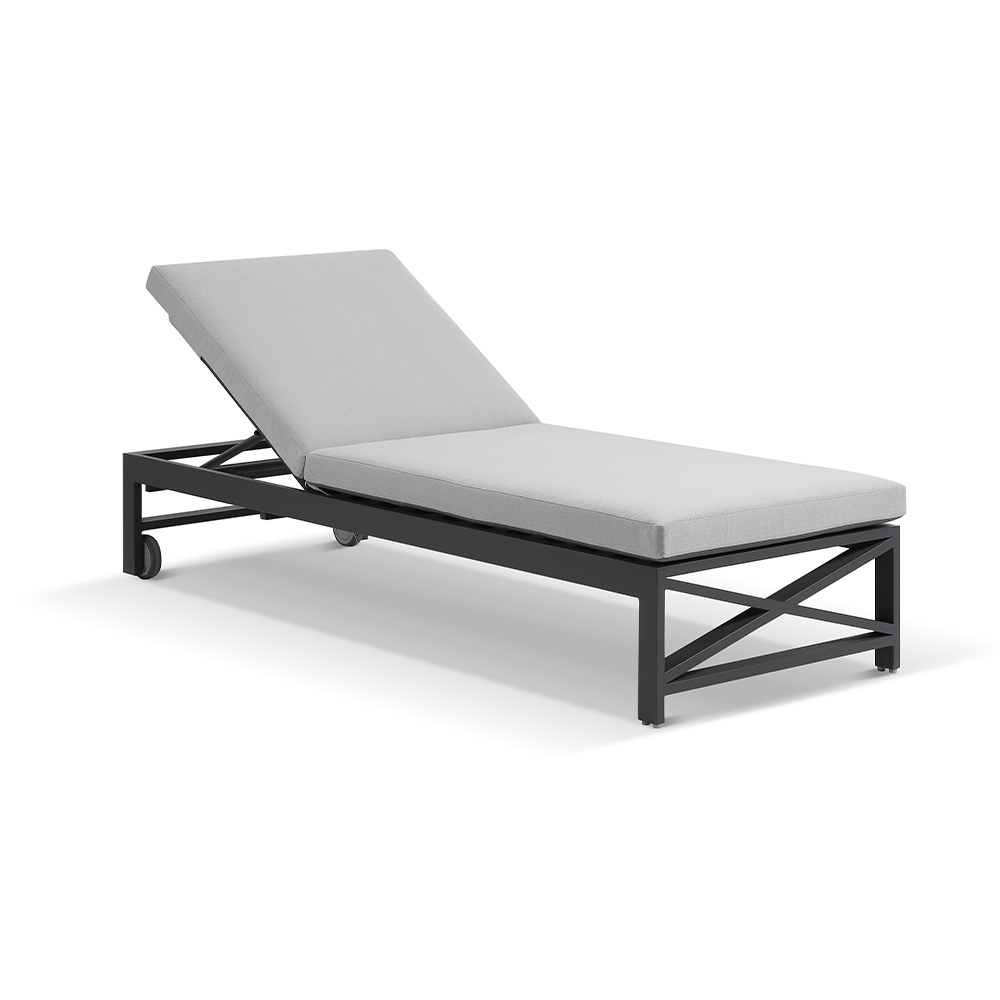"Montego Bay" Hamptons Style Aluminium Sun Lounge in Charcoal with Olefin Grey Cushions with wheels