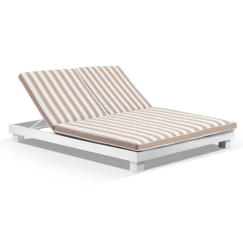 "Hawaii" Resort Style Aluminium Double Sun Lounge in White with Sunbrella Beige & White Stripe Cushions (RRP $3499)
