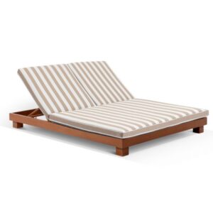 "Hawaii" Hamptons Style Double Sun Lounge in Teak Look Aluminium with Sunbrella Beige & White Stripe Cushions