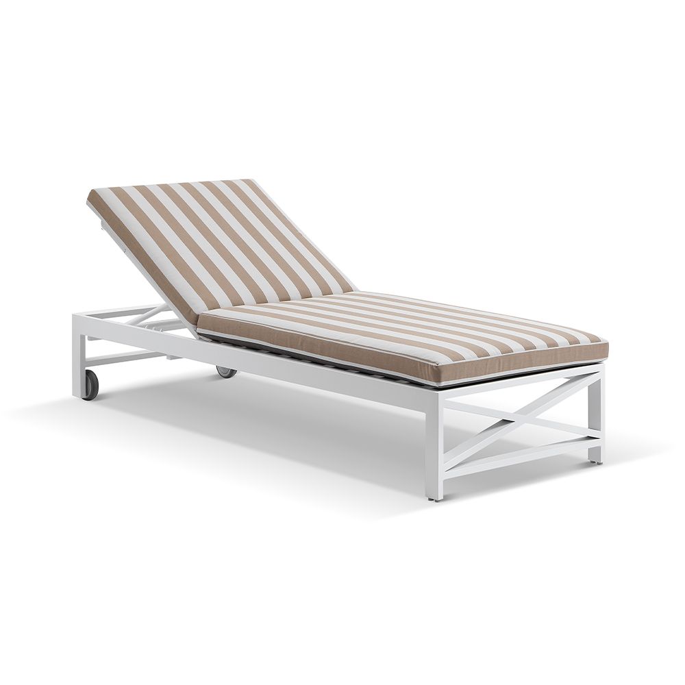 "Montego Bay" Hamptons Style Aluminium Sun Lounge in White with Sunbrella Beige & White Stripes with wheels