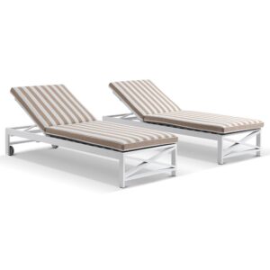 wp-image-tigress-42752.jpg "Montego Bay" Hamptons Style Aluminium Set of 2 Sun Lounges in White with Sunbrella Beige & White Stripes with wheels (RRP $3999)