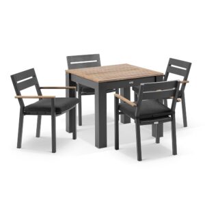 wp-image-tigress-42768.jpg "Newport" Hamptons Style Outdoor Charcoal Aluminium Teak Top Square Dining Table Setting, 90x90cm
