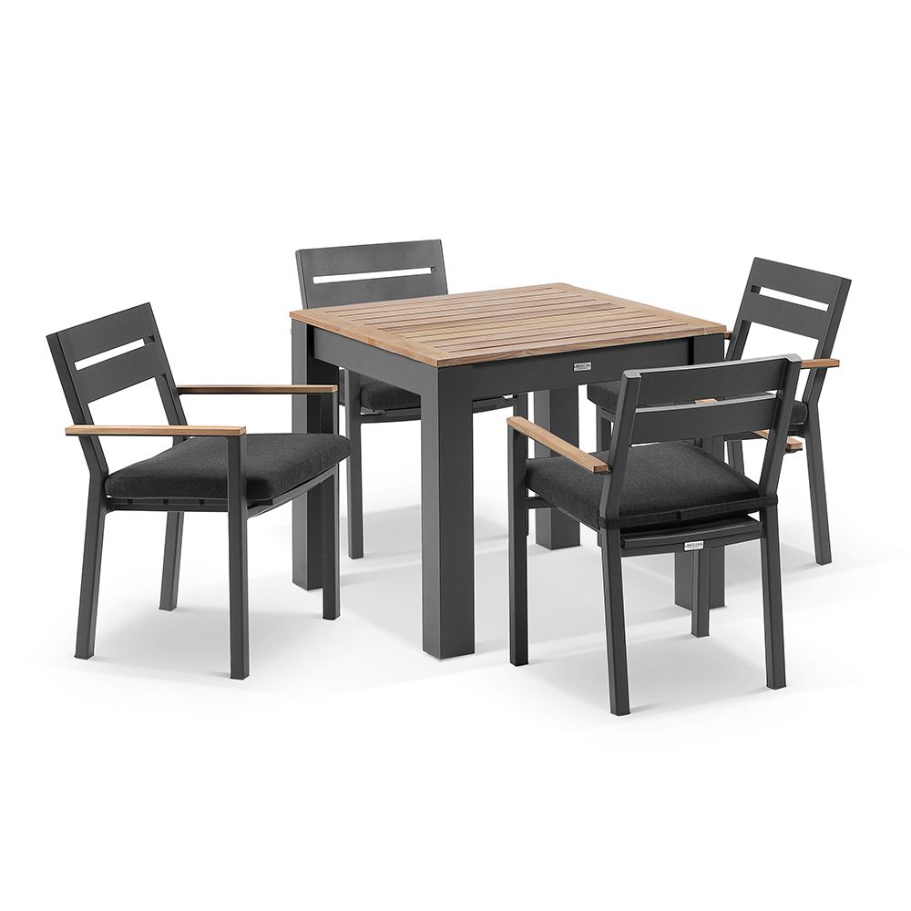 "Newport" Hamptons Style Outdoor Charcoal Aluminium Teak Top Square Dining Table Setting, 90x90cm
