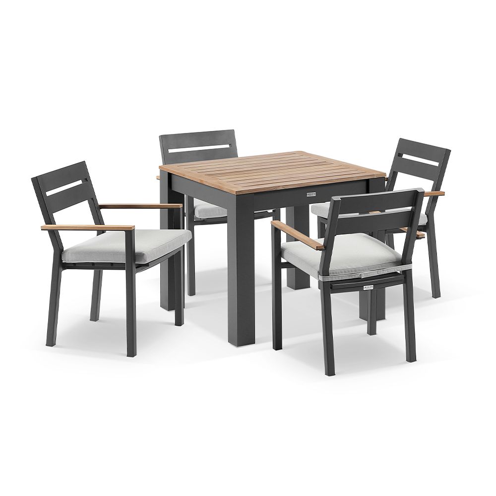 "Newport" Hamptons Style Outdoor Charcoal Aluminium Teak Top 5 Piece Dining Table Setting, 90x90cm