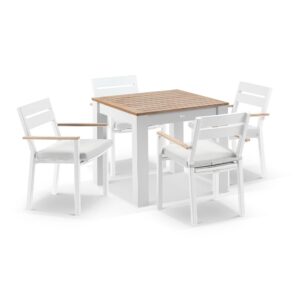 wp-image-tigress-42773.jpg "Newport" Hamptons Style Outdoor White Aluminium Teak Top 5 Piece Dining Table Setting, 90x90cm