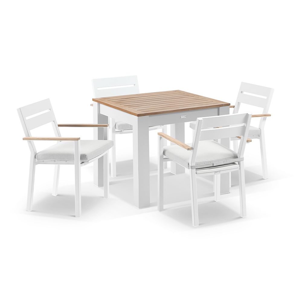 "Newport" Hamptons Style Outdoor White Aluminium Teak Top 5 Piece Dining Table Setting, 90x90cm