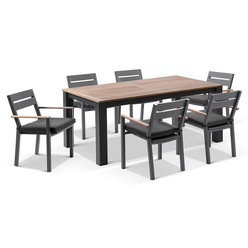 "Newport" Hamptons Style Outdoor 1.8m Aluminium and Teak Top Dining Setting with 6 Avalon Chairs in Charcoal