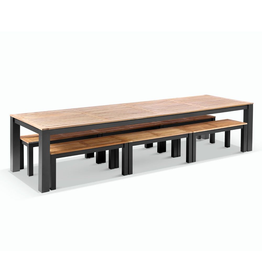 "Newport" Hamptons Style Outdoor Charcoal Aluminium Teak Top Dining Table with Bench Seats, 355cm x 102cm - Image 3