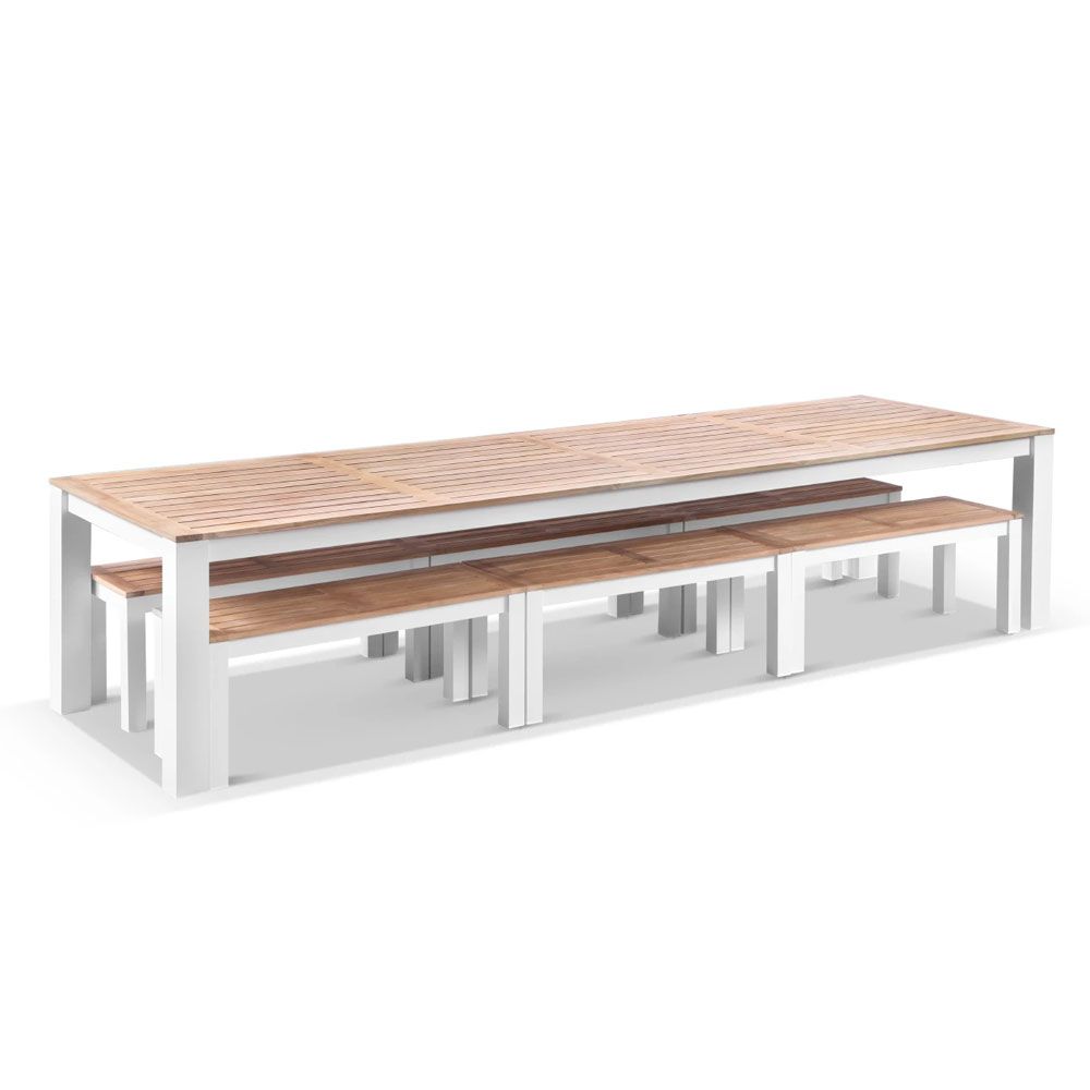 "Newport" Hamptons Style Outdoor White Aluminium Teak Top Dining Table with Bench Seats, 355cm x 102cm - Image 3