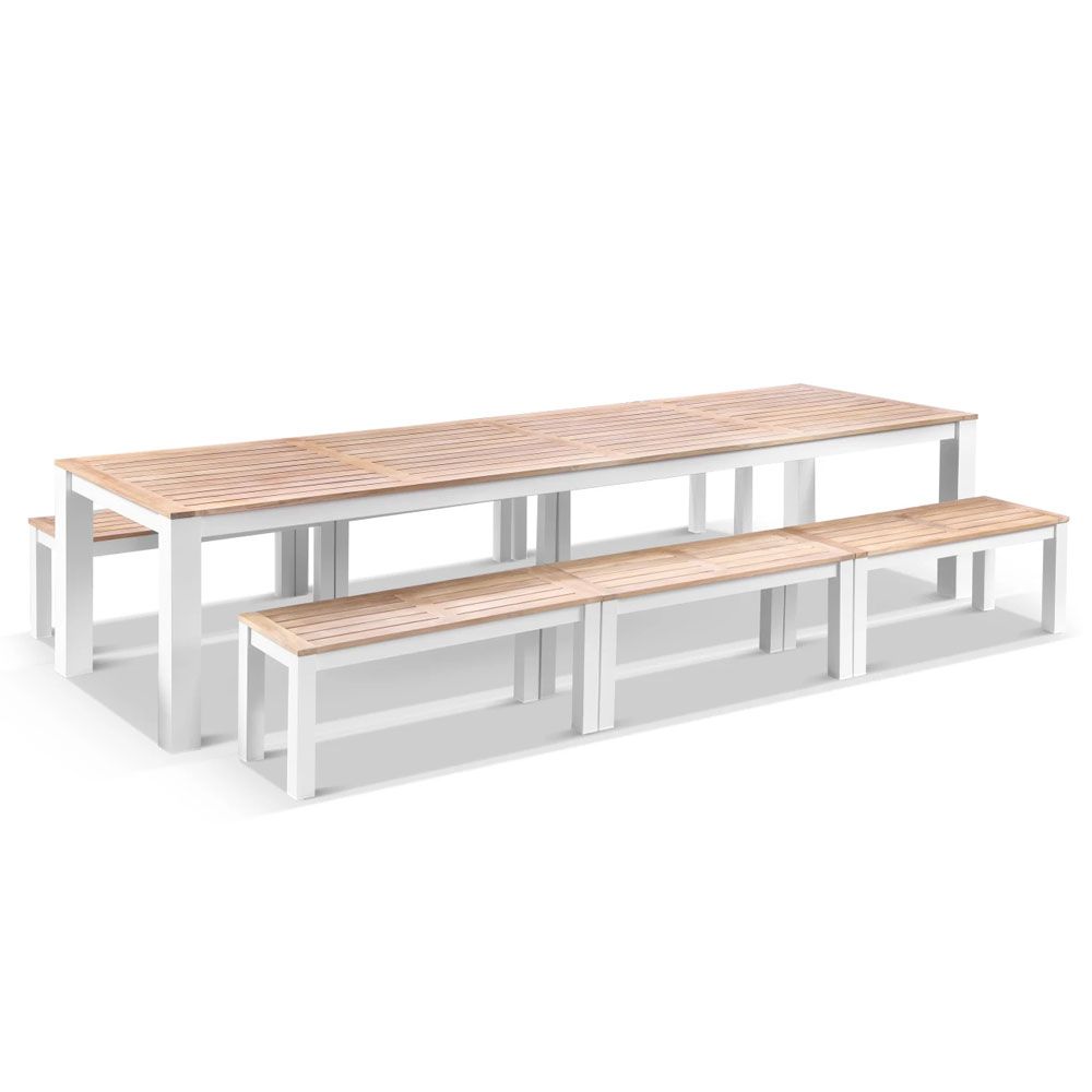 "Newport" Hamptons Style Outdoor White Aluminium Teak Top Dining Table with Bench Seats, 355cm x 102cm