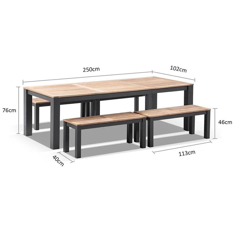 "Newport" Hamptons Style Outdoor Charcoal Aluminium Teak Top Dining Table with Bench Seats, 250cm x 102cm - Image 2