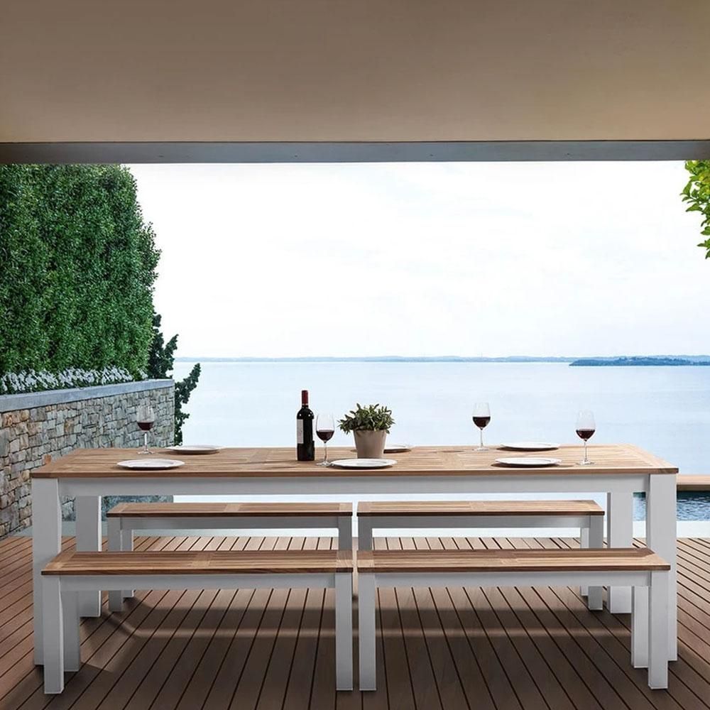 "Newport" Hamptons Style Outdoor White Aluminium Teak Top Dining Table with Bench Seats, 250cm x 102cm - Image 2