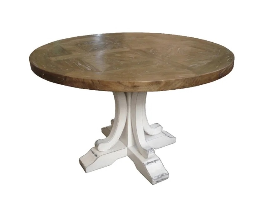 "Maison" Hamptons Style Round Dining Table Pedestal Base Reclaimed Elm, Distressed White Base 140cm (RRP $2499)