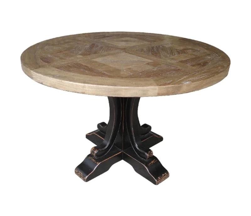 "Maison" Hamptons Style Round Dining Table Pedestal Base Reclaimed Elm, Distressed Black Base 140cm (RRP $2499)