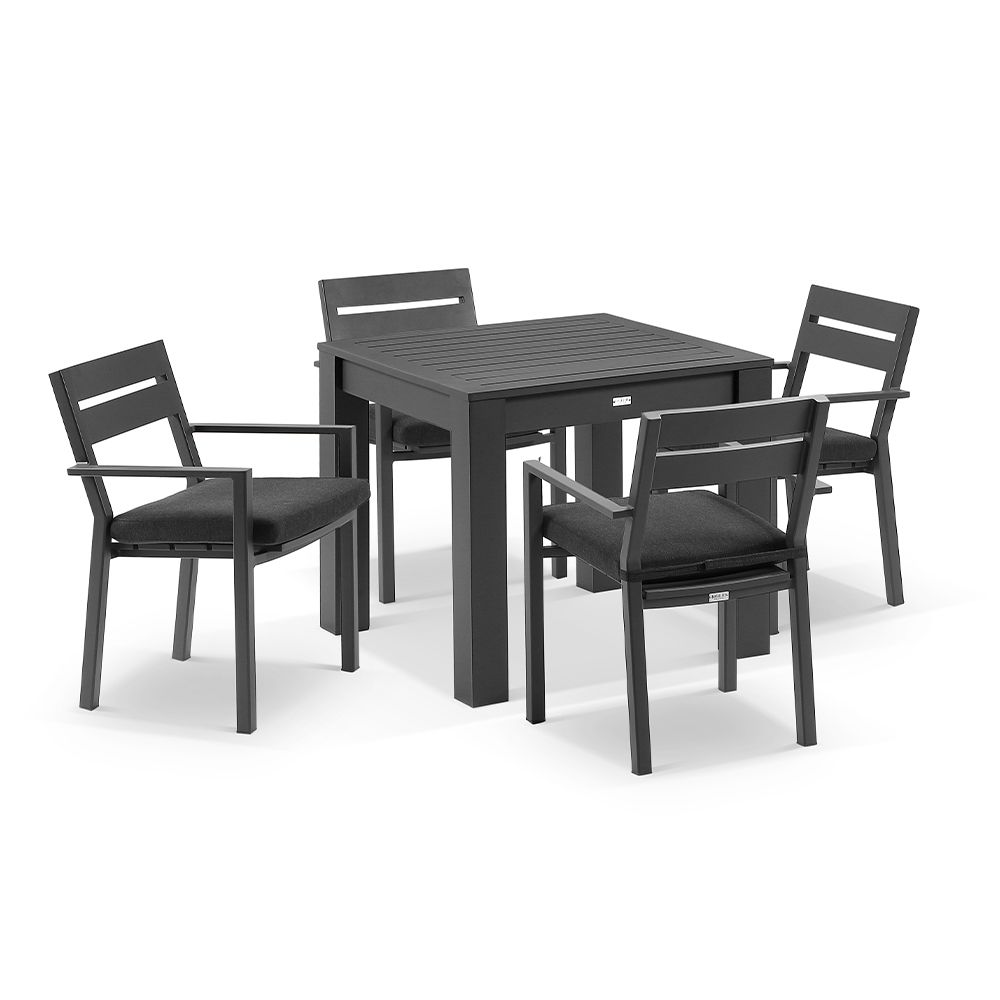 "Hawaii" Hamptons Style Square Charcoal Aluminium Dining Table with 4 Chairs, Denim Grey Cushions