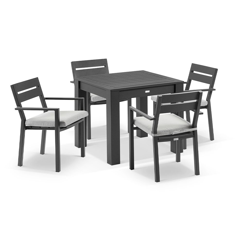 "Hawaii" Hamptons Style Square Charcoal Aluminium Dining Table with 4 Chairs, Olefin Grey Cushions