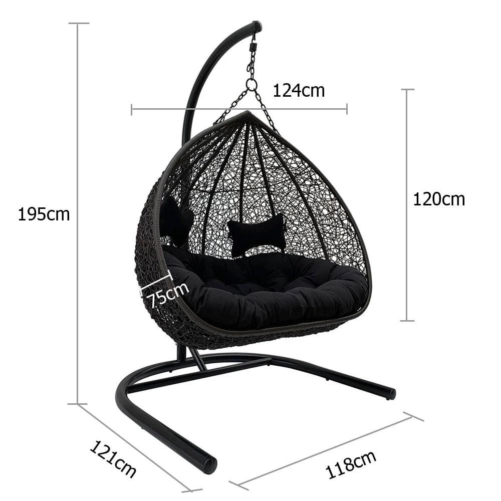 RESORT STYLE DOUBLE HANGING EGG CHAIR, CHARCOAL WICKER WITH BLACK CUSHION - Image 2