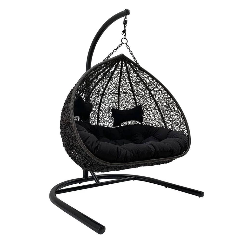RESORT STYLE DOUBLE HANGING EGG CHAIR, CHARCOAL WICKER WITH BLACK CUSHION