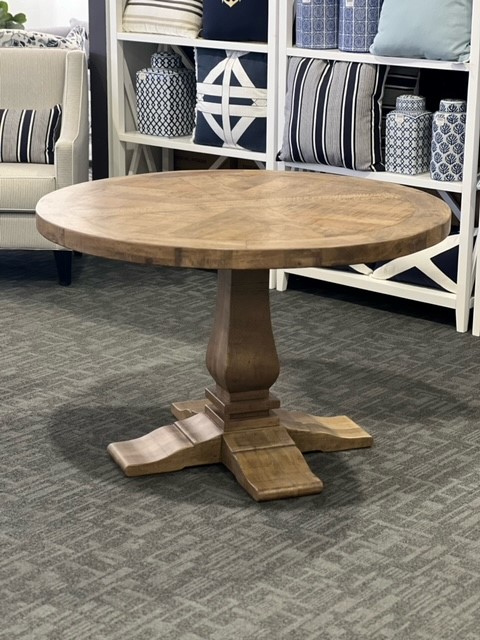 "Whitsunday" Hamptons Style Parquetry Hardwood Timber 120cm Round Dining Table, Hamptons Grey (RRP $1999)