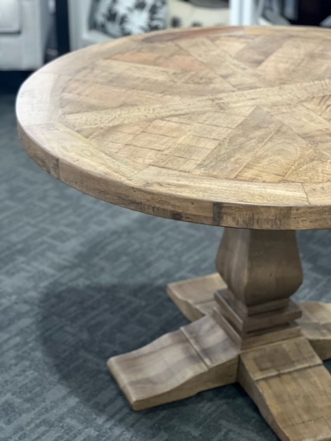 "Whitsunday" Hamptons Style Parquetry Hardwood Timber 120cm Round Dining Package, Hamptons Grey (RRP $2999) - Image 2