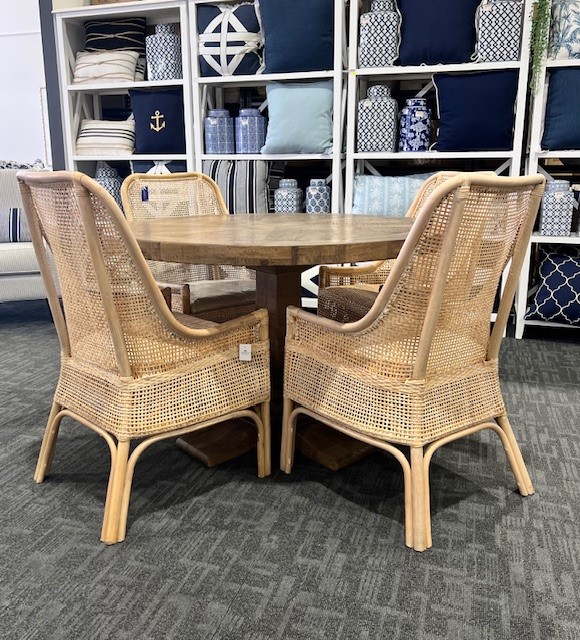 "Whitsunday" Hamptons Style Parquetry Hardwood Timber 120cm Round Dining Package, Hamptons Grey (RRP $3499)