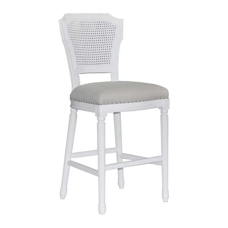 "Marseille" Hamptons Style White Timber Barstool Rattan Back, Linen Seat (RRP $799)