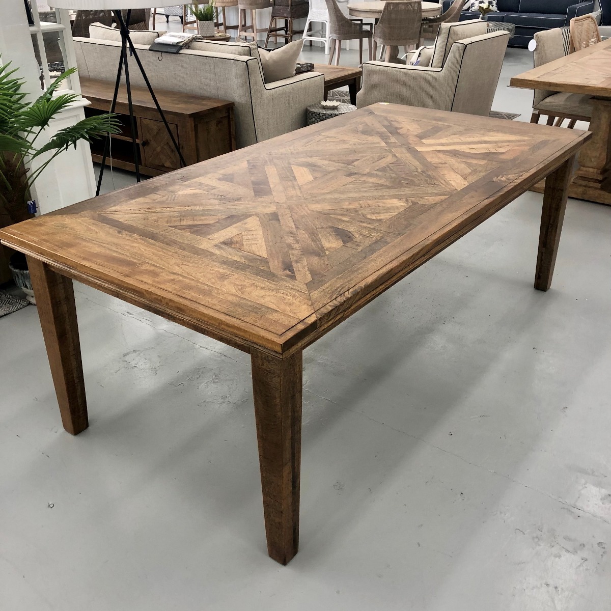 "Hayman" Resort Style Hardwood Timber Parquetry Dining Table, Vintage Finish, 180x90x77cm (RRP $1999) - Image 3