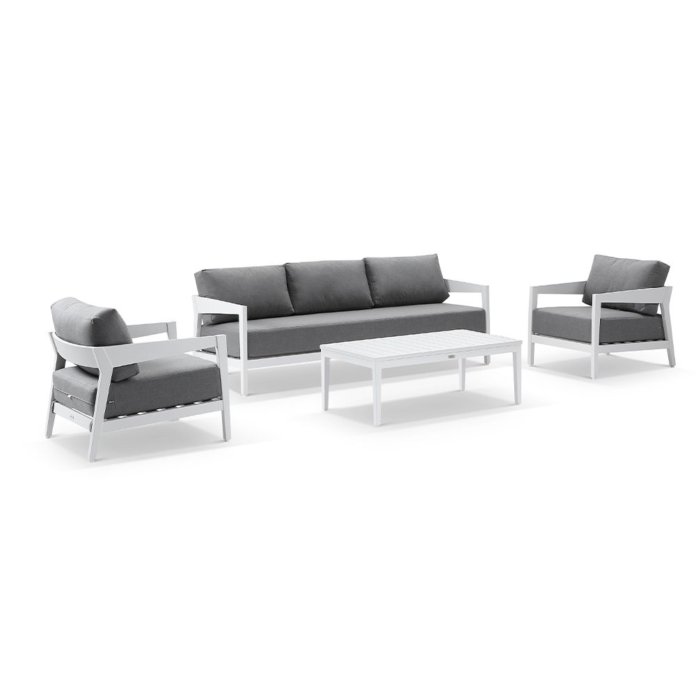 Clontarf 3+1+1 Outdoor Aluminium Lounge Setting with Coffee Table, White with Sunbrella Grey Cushions