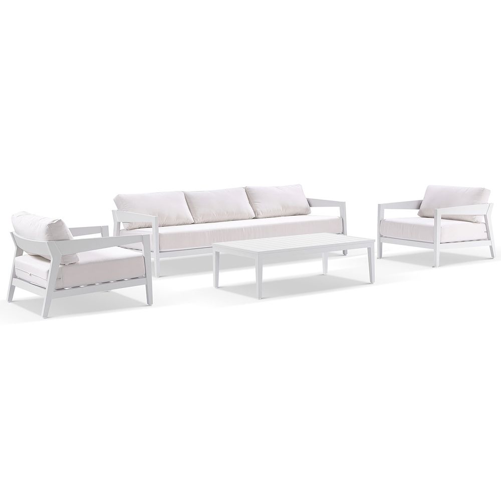 Clontarf 3+1+1 Outdoor Aluminium Lounge Setting with Coffee Table, White with Sunbrella White Cushions
