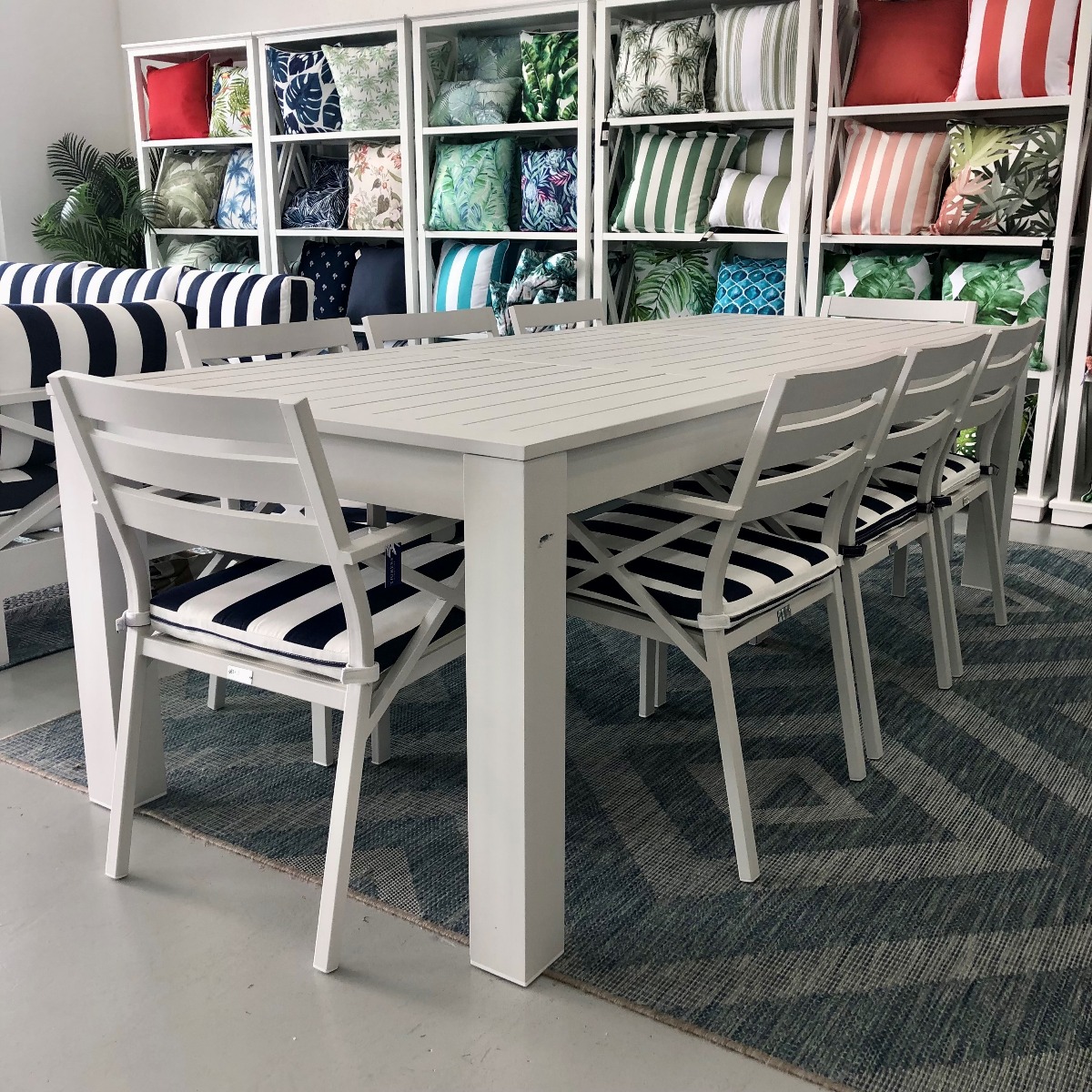 BLACK FRIDAY SALE "Hawaii" Hamptons Style Aluminium 2.5m Dining Table with 8 Montego Bay Chairs, White with Navy & White Stripe Cushions (RRP $4499) - Image 2