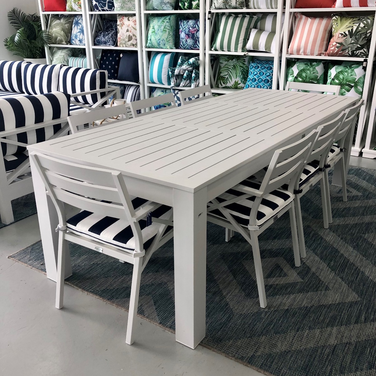 BLACK FRIDAY SALE "Hawaii" Hamptons Style Aluminium 2.5m Dining Table with 8 Montego Bay Chairs, White with Navy & White Stripe Cushions (RRP $4499) - Image 3