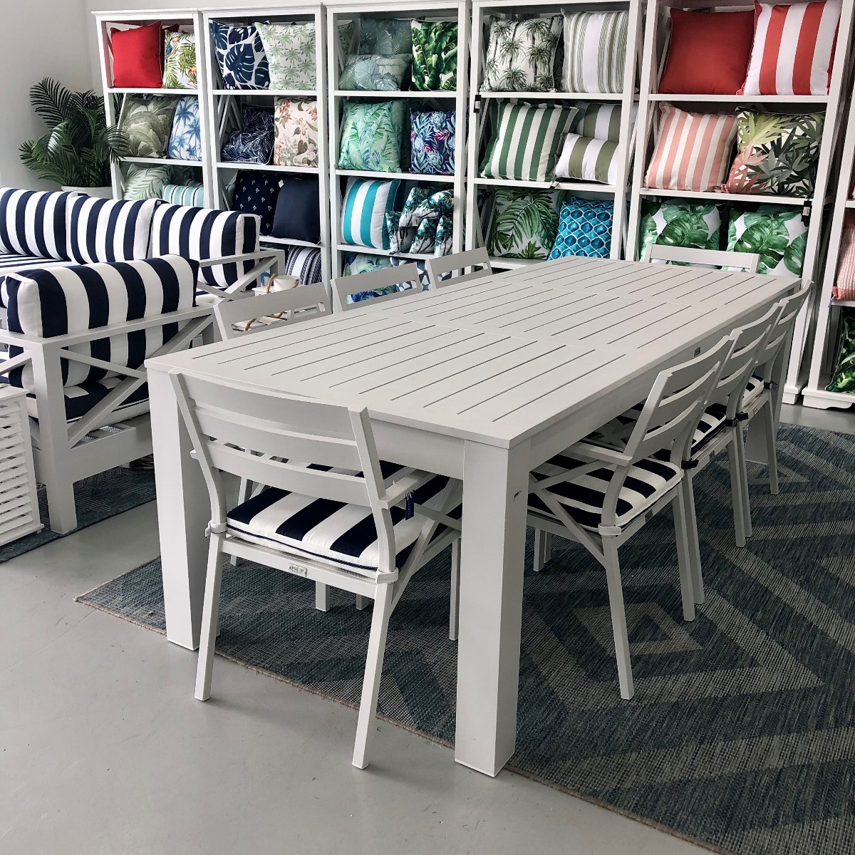 BLACK FRIDAY SALE "Hawaii" Hamptons Style Aluminium 2.5m Dining Table with 8 Montego Bay Chairs, White with Navy & White Stripe Cushions (RRP $4499) - Image 4
