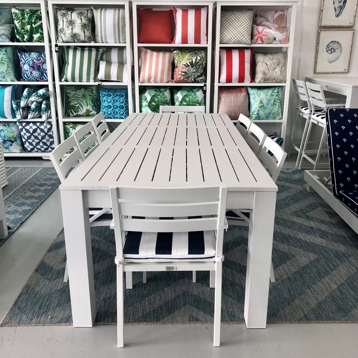 BLACK FRIDAY SALE "Hawaii" Hamptons Style Aluminium 2.5m Dining Table with 8 Montego Bay Chairs, White with Navy & White Stripe Cushions (RRP $4499) - Image 5