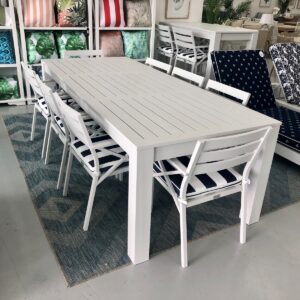 wp-image-tigress-43297.jpg BLACK FRIDAY SALE "Hawaii" Hamptons Style Aluminium 2.5m Dining Table with 8 Montego Bay Chairs, White with Navy & White Stripe Cushions (RRP $4499)