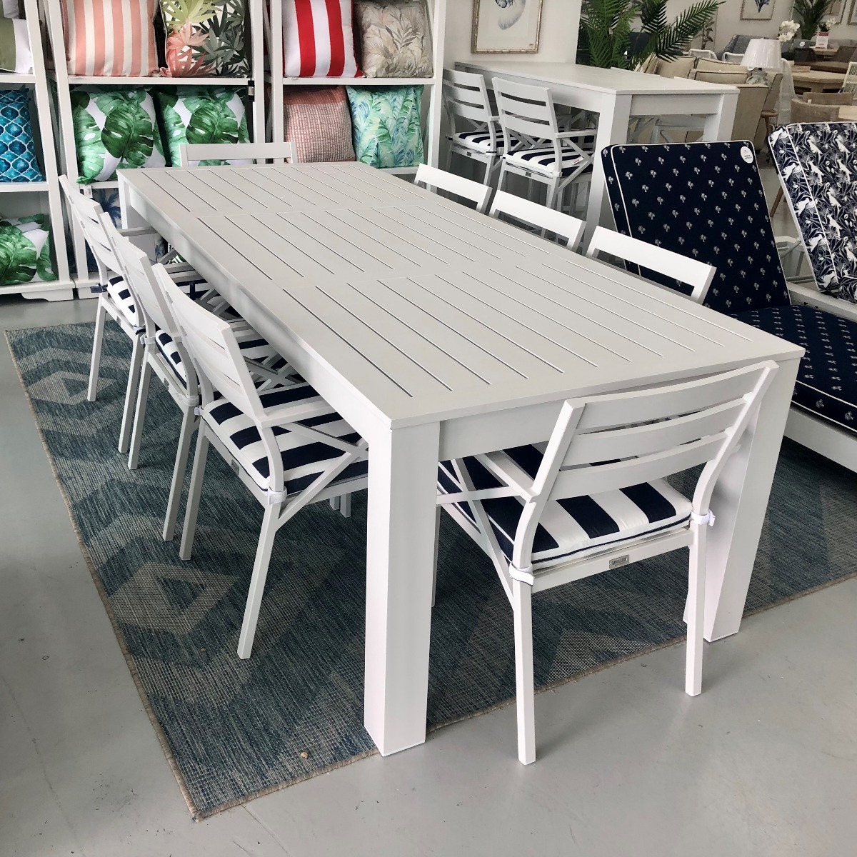 BLACK FRIDAY SALE "Hawaii" Hamptons Style Aluminium 2.5m Dining Table with 8 Montego Bay Chairs, White with Navy & White Stripe Cushions (RRP $4499)