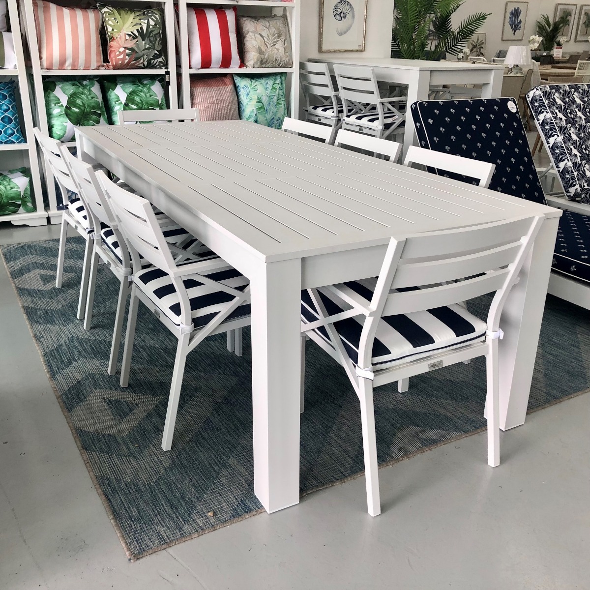 BLACK FRIDAY SALE "Hawaii" Hamptons Style Aluminium 2.5m Dining Table with 8 Montego Bay Chairs, White with Navy & White Stripe Cushions (RRP $4499) - Image 6
