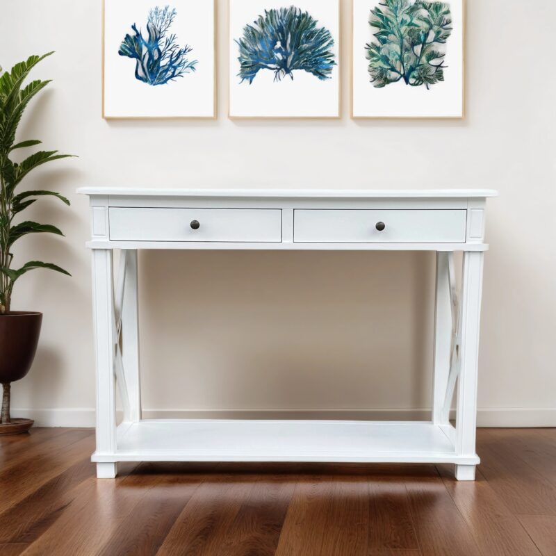 "Noosa" Hamptons Style Solid Timber Hall Table White, 110cmW x 40cmD x 80cmH (RRP $1499) - Image 2