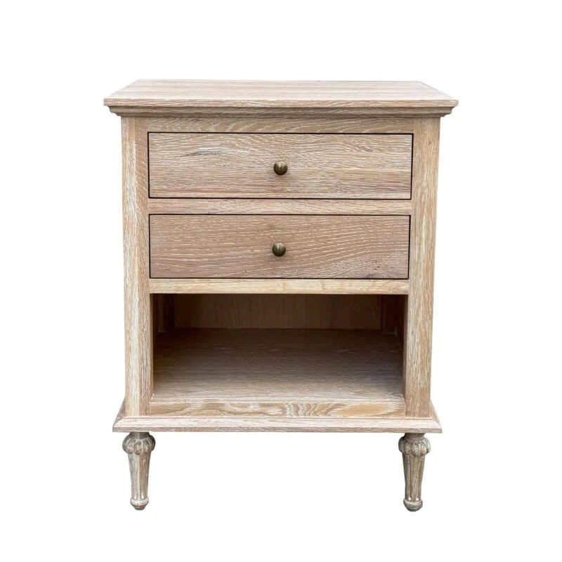 "Hampshire" Hamptons Style Solid Timber 2 Drawer Bedside Table, Whitewashed Oak 60cmW x 49cmD x 71cmH (RRP $999)