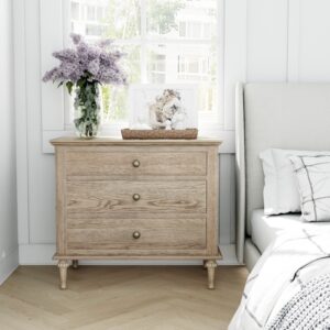 "Hampshire" Hamptons Style Solid Timber 3 Drawer Bedside Table, Weathered Oak 75cmW x 49cmD x 71cmH (RRP $1299)