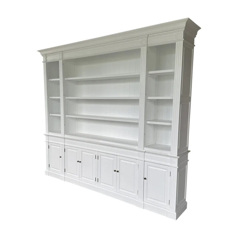 "Sanctuary" Hamptons Style Timber Library Bookcase Cabinet, White 270cmW x 45cmD x 230cmH (RRP $8999)